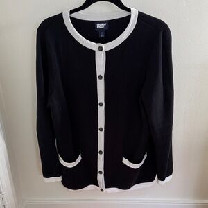 Black/white dressy button front cardigan from Lands' End, size L
